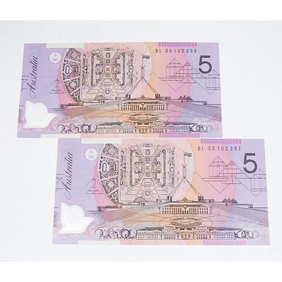 Two 2005 Australia Five Dollar Banknotes - Uncirculated