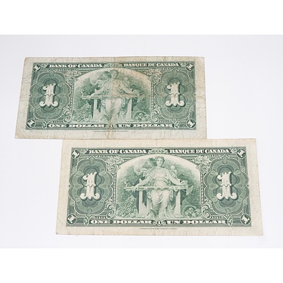 Two 1937 Bank of Canada One Dollar Banknotes