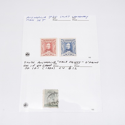 1930 Sturt Explorer Centenary Set and 1882 South Australia Half Penny Overprint on 1D Queen Victoria Stamp SG 181