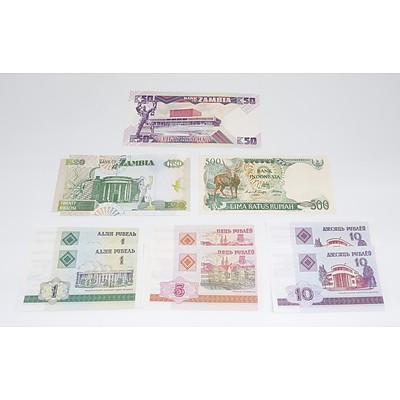 1988 Indonesian 500 Rupiah Banknote - Uncirculated, 6x Belarus Banknotes and 2x Zambia Banknotes