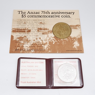 1990 Anzac 75th Anniversary Five Dollar Commemorative Coin and 1982 XII Commonwealth Games Brisbane Ten Dollar Coin