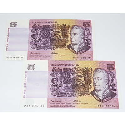 Two 1985 Australian Five Dollar Banknotes