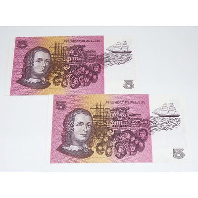 Two 1985 Australian Five Dollar Banknotes