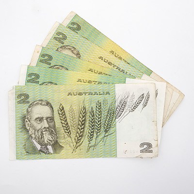 Five Australia $2 Paper Notes, Knight/Stone and Johnson/ Fraser