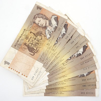 Ten Australia $1 Paper Notes, Knight/Stone and Johnson/ Stone