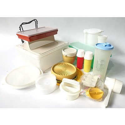 Large Group of 1980s Tupperware Including Sauce Pumps, Cookie Cutter, Tupperware 20th Anniversary Container and More