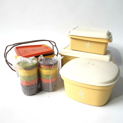 Set of Three Matching 1980's Tupperware, Portable Picnic Set with Handle and Matching Set of Cups
