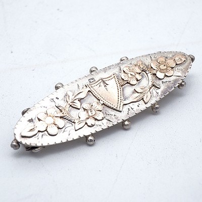 Antique Sterling Silver Bar Brooch with Rose Gold Sheet to Top