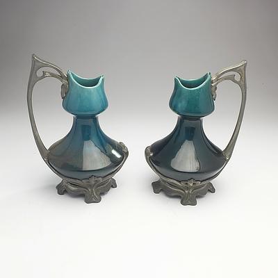 Pair of Art Nouveau Pewter and Ceramic Ewers, Circa 1900