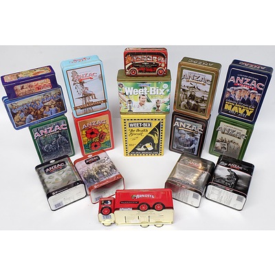 17 Collectible Food Tins including Weetbix, Anzac Biscuits, Cadbury's Chocolate Biscuits, Campbells Shortbread and More
