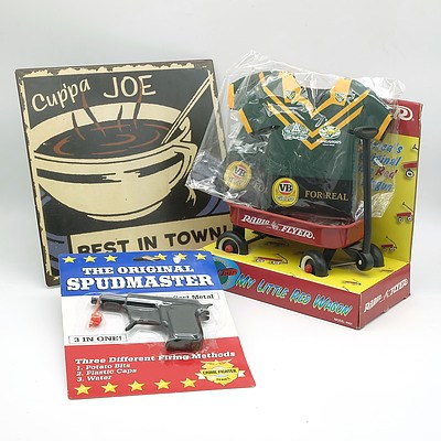 'Spudmaster' Toy Gun, Stubbie Holders, Little Red Wagon and Cuppa Joe Wall Plaque