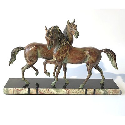 Art Deco Style Patterned Spelter Horses on Marble and Onyx Base