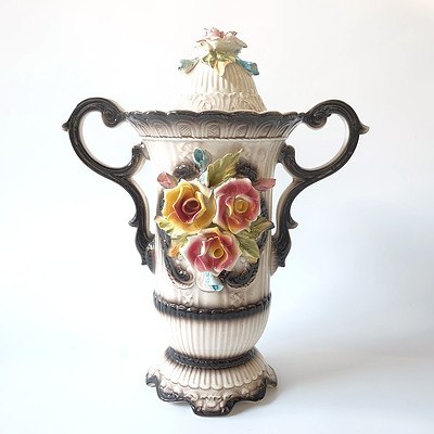 Italian Glazed Ceramic Mantle Urn with Hand-modelled Floral Applica