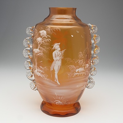 Victorian Mary Gregory Amber Glass Vase with Rigaree Trailing