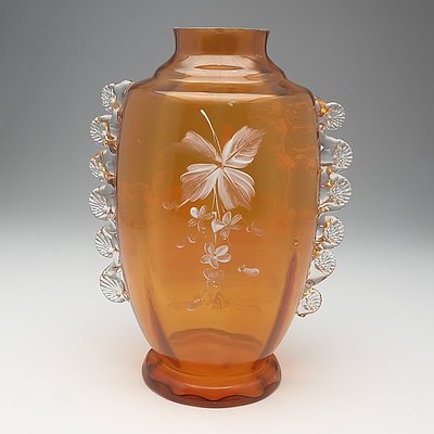 Victorian Mary Gregory Amber Glass Vase with Rigaree Trailing