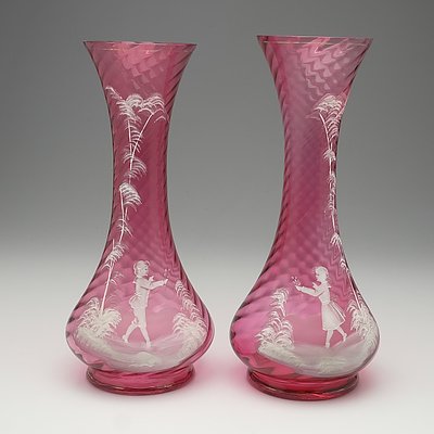 Pair of Victorian Cranberry Mary Gregory Glass Vases