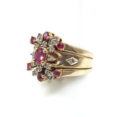 9ct Yellow Gold Three Ring Set (Joined) with One Oval Facetted Natural Ruby, Six Round Facetted Rubies and Fourteen Round Brilliant Cut Diamonds each 0.01ct