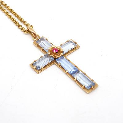 18ct Yellow Gold Fine Belcher Chain, with 18ct Yellow Gold Cross Set with Blue Paste, 9g