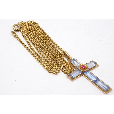 18ct Yellow Gold Fine Belcher Chain, with 18ct Yellow Gold Cross Set with Blue Paste, 9g