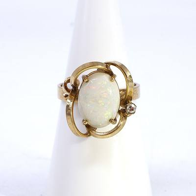9ct Yellow Gold Ring with Solid White Opal Cabochon and One Single Cut Diamond 0.03ct