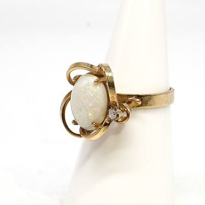 9ct Yellow Gold Ring with Solid White Opal Cabochon and One Single Cut Diamond 0.03ct