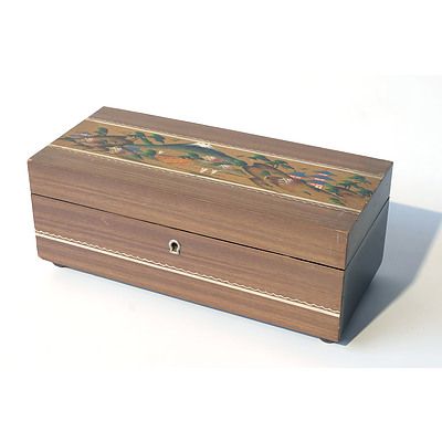 Japanese Hardwood Jewellery Box with Hand Painted Scene of Pagodas and Mountain