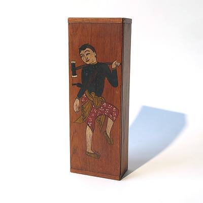 Oriental Hardwood Curio Box With Hand Painted Figure