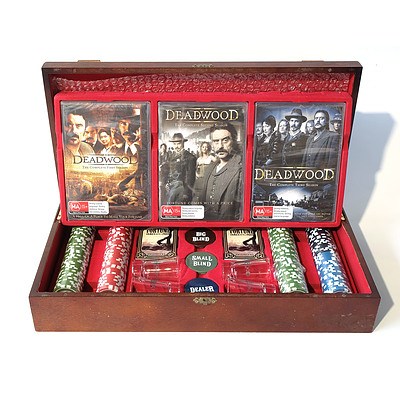 Deadwood Series DVD Set with Poker Chips, Shot Glasses and Playing Cards in Wooden Box