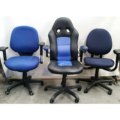 Three Office Chairs, Two Office Desks and Small Filling Cabinet