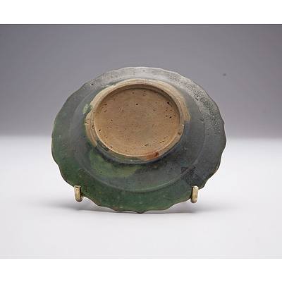 Chinese Green Glaze Small Saucer Dish with Moulded Key Pattern, Qing Dynasty
