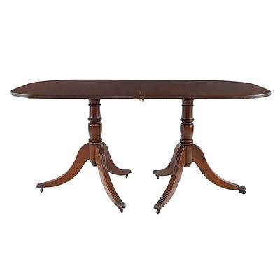 Vintage Regency Style Mahogany and String Inlaid Pedestal Extension Table with Brass Lions Paw Sabots