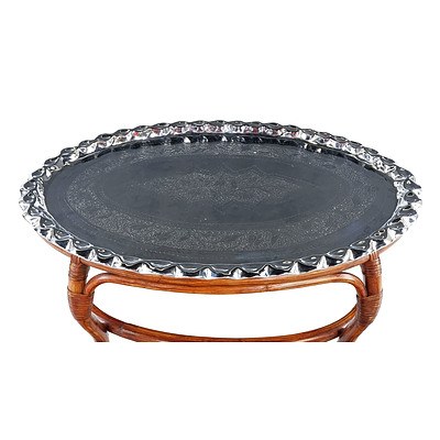 Asian Plated Brass Tray and Cane Coffee Table