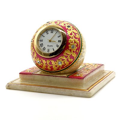 24ct Gold Plated and Alabaster Desk Clock, Probably Indian