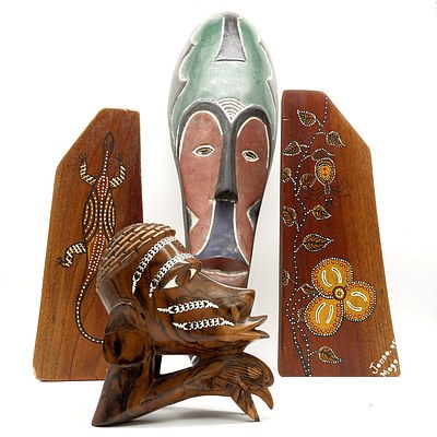 Tribal Mask, Polynesian Shell Inlaid Carving and Pair of Aboriginal Painted Bookends Signed Jonno 95, Mogo