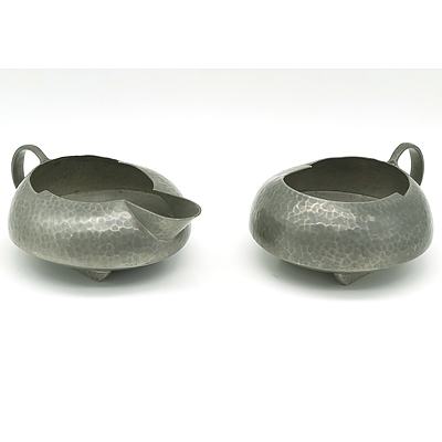 Liberty and Co Tudric Pewter Sugar Bowl and Creamer Designed by Archibald Knox Circa 1905