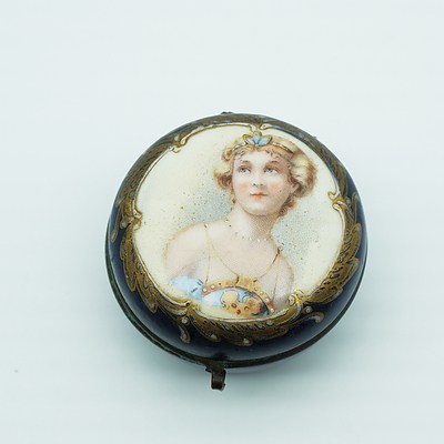Antique French Enameled Porcelain Box with Hand Painted Portrait of a Woman