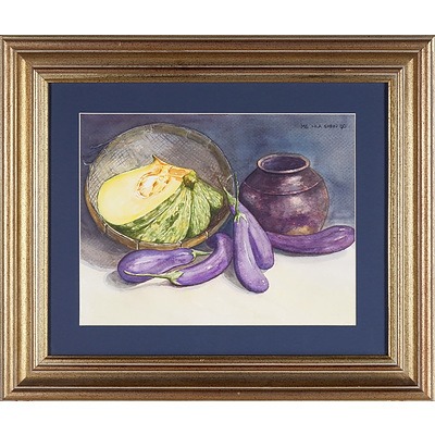 MG Hla Shein (Burmese Dates Unknown) 1990, Still Life with Aubergine, Watercolour