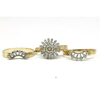 9ct Yellow and White Gold Set of Three Rings, Centre Ring with Round Cluster of Twenty Five Single Cut Diamonds 0.005ct up to 0.02ct, Each Side Ring has Twelve Single Cut Diamonds each 0.005ct