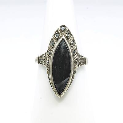 Sterling Silver Ring with Marquise Shaped Onyx and Marcasite