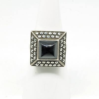 Sterling Silver Ring with Square Onyx Cabouchon and Marcasite in a Symetrical Frame