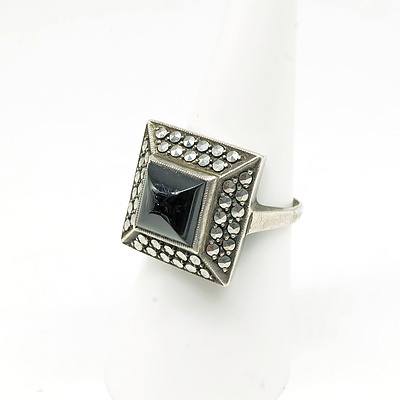 Sterling Silver Ring with Square Onyx Cabouchon and Marcasite in a Symetrical Frame