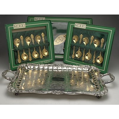 Six Boxed 'Rodd' Gold Plated Flatware Sets, Large Silver Serving Tray and more