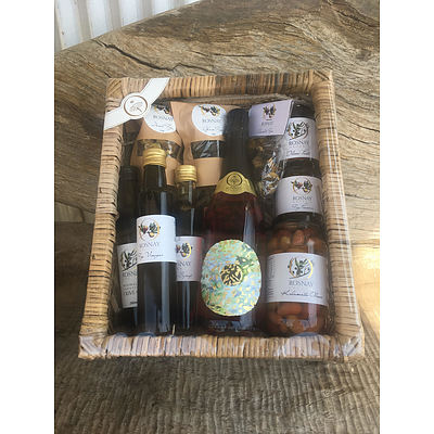 Delicious hamper of Rosnay produce: Sparkling Rose, fig preserve, olives, olive oil, chilli paste, and dried figs