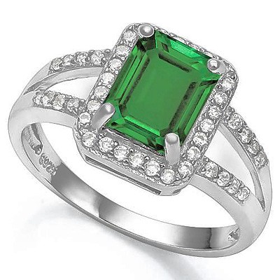 Sterling Silver Ring - Emerald Green Cz, With Pave Set White Czs