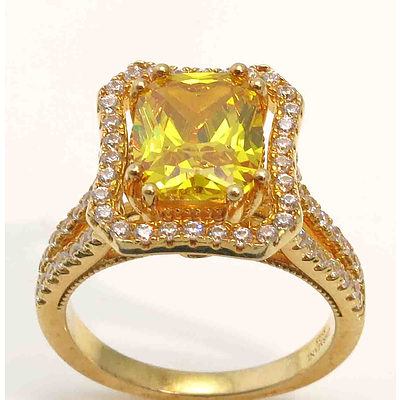 Gold Plated Sterling Silver Ring - Golden Topaz Cz, With Pave Set White Czs