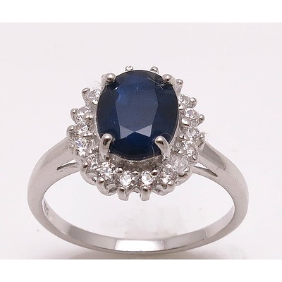 Sterling Silver Sapphire Ring With Cz Halo
