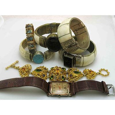 Collection Of Four Bone Bangles, With Paua Shell Bracelet, Armani Watch & Intricate Stone Set Bracelet