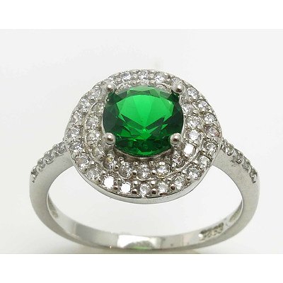 Sterling Silver Dress Ring - Emerald-Green Cz With Cz-Set Double Halo & Shoulders