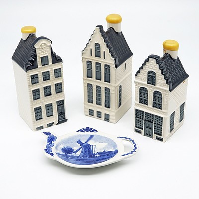 Dutch KLM Miniature Houses Liqueur Bottles and a Delft Dish