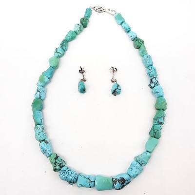 Natural Turquoise Bead Necklace and Matching Stud Earrings
